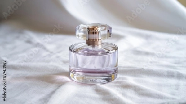 Fototapeta Elegant lavender perfume bottle displayed on soft white fabric with subtle lighting enhancing its beauty and allure