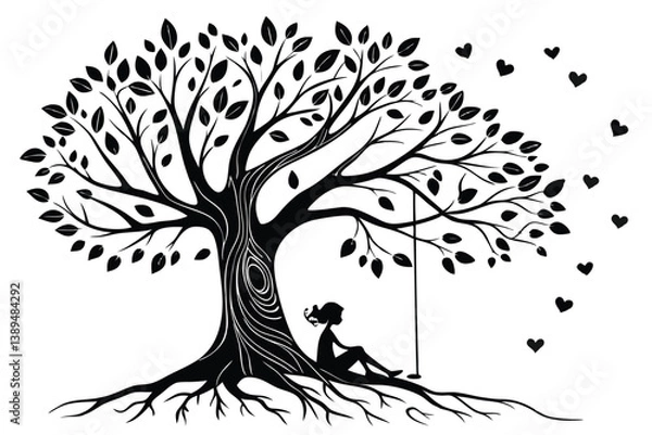 Fototapeta 88 Black and white illustration, intricate tree silhouette, heart-shaped branches, leaves floating away, roots visible, small figure sitting beneath tree, symbolic artwork, delicate linework, nature-i
