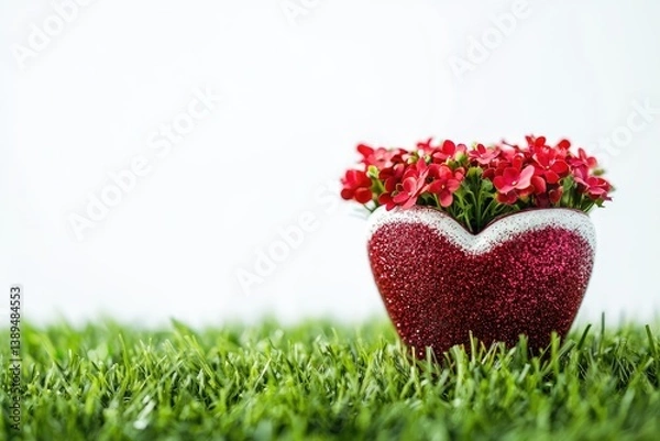 Fototapeta Displaying Red Flowers in Sparkling Heart Vase on Green Grass