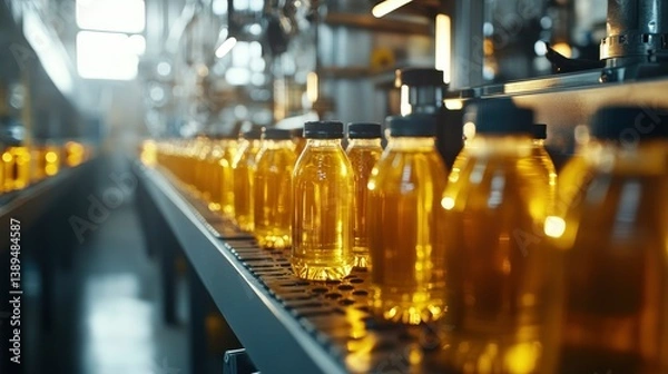 Fototapeta Bottles Filled with Liquid Moving on Conveyor Belt in Factory