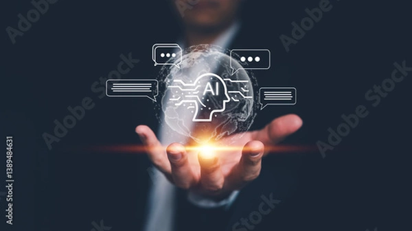 Fototapeta AI Artificial Intelligence Engineering Concept with Big Data Connection. Businessman chat with AI Brain Processor