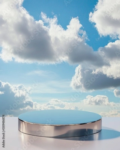 Fototapeta Displaying Product with Round Silver Platform and Blue Cloudy Sky Background