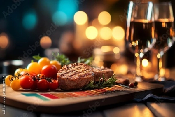 Obraz Grilled steaks with cherry tomatoes and rosemary are presented on a wooden board, accompanied by two glasses of wine. A warm, candlelit ambiance is suggested by the blurred background.
