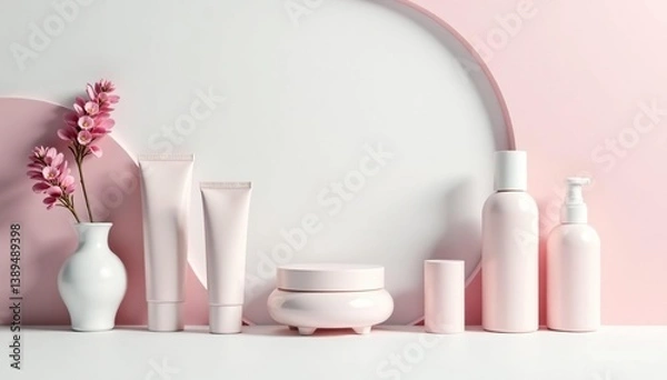 Fototapeta Clean, minimalist white backdrop for cosmetics display, studio, toiletry