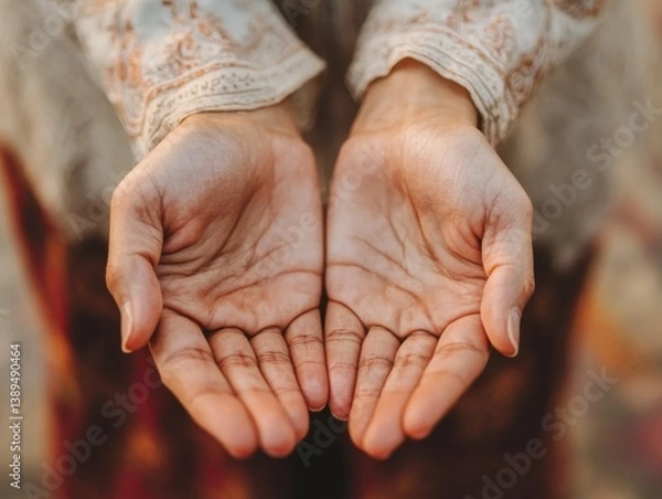 Obraz Close-up of hands offering Zakat al-Fitr (charity) to those in need, symbolizing generosity and kindness