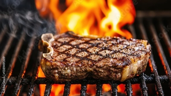 Fototapeta Ribeye steak food concept. Sizzling ribeye steak grilled over an open flame