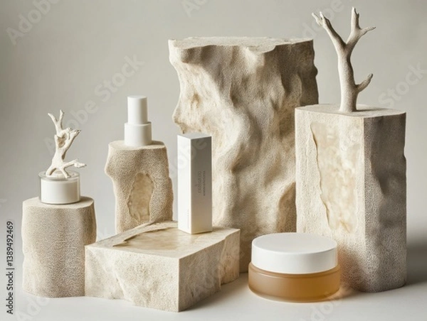 Obraz Elegant cosmetic products displayed in eco-designed mycelium boxes