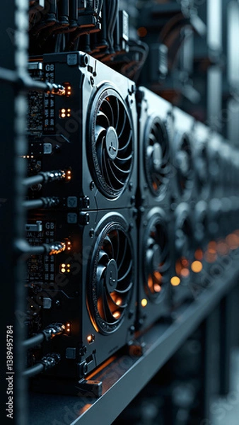 Obraz A detailed close-up of a bitcoin miner in a high-tech crypto mining farm, ideal for tech blogs, financial articles, and cryptocurrency marketing.