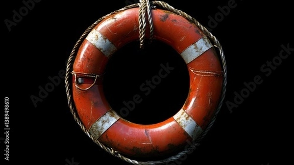 Obraz Vintage Red and White Lifebuoy with Rope on Black Background