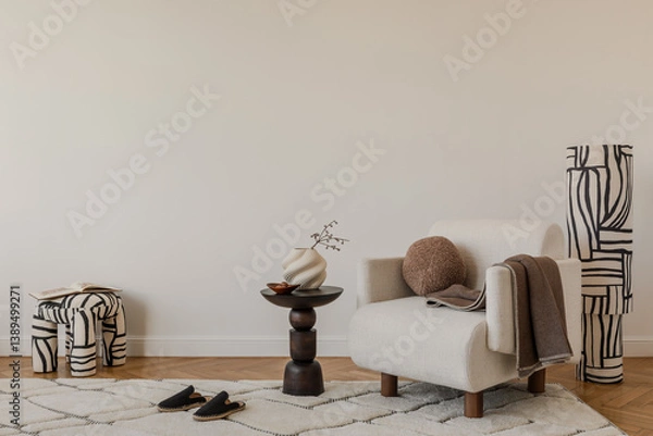 Obraz Elegant beige sofa, abstract pillows and organic decor elements in a calm, modern interior.