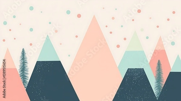 Fototapeta Abstract pastel mountain range with trees and dots.