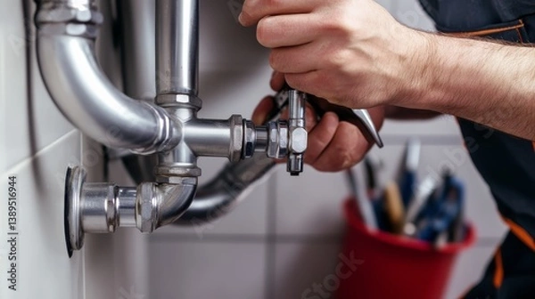 Fototapeta A plumber installing pipes in a new residential bathroom. Featuring skill and precision