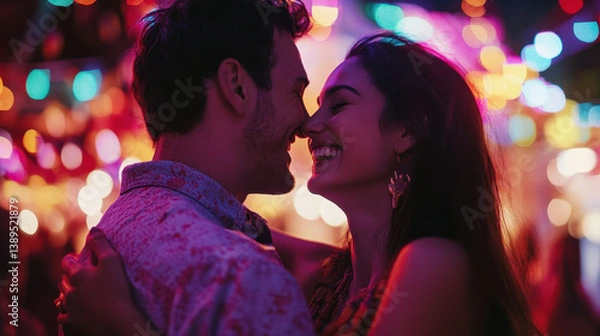 Fototapeta A laughing couple at a colorful festival surrounded by lights and music