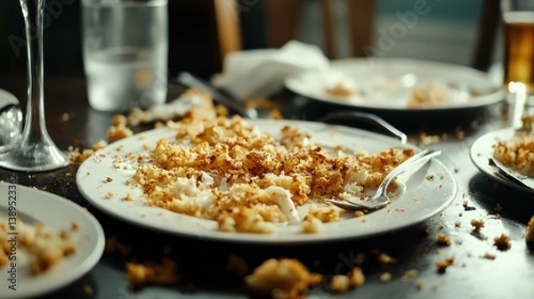 Fototapeta Leftover Fish Dinner, Messy Table