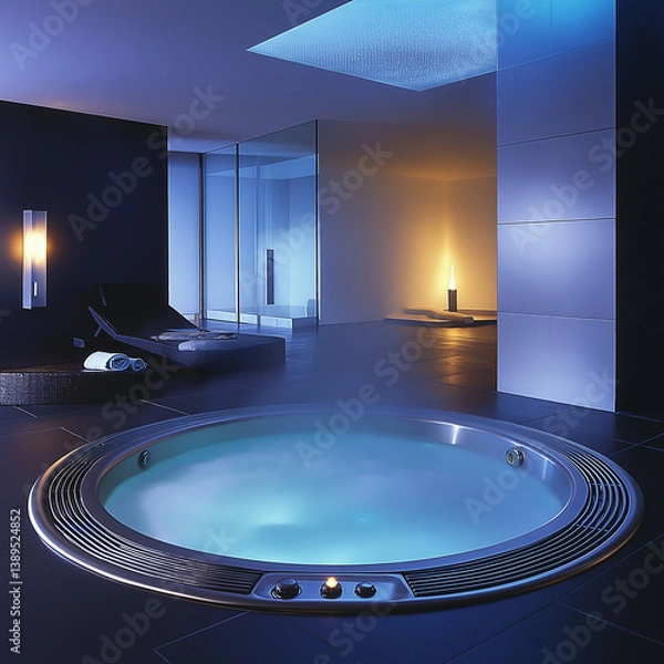 Fototapeta circular hot tub-style bathtub sunken into the floor, surrounded by soft lighting and aromatic steam