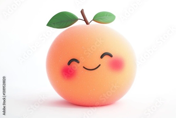 Fototapeta A cute, smiling peach with leaves, rendered in 3D, evokes happiness and sweetness.