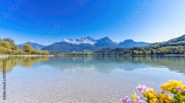 Fototapeta Mountain lake, clear water, vibrant sky