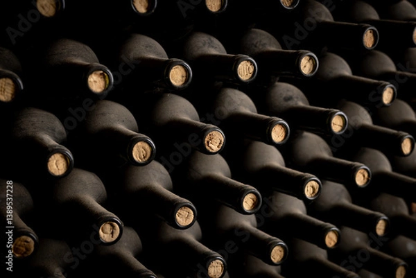 Fototapeta Rows of dust-covered wine bottles with corks intact are neatly stacked in a dimly lit cellar