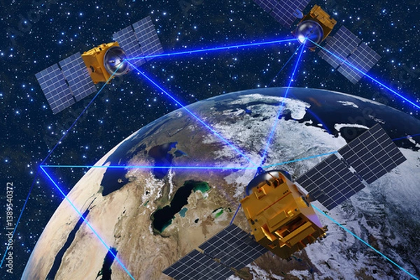 Fototapeta Satellites surrounding the planet Earth and sending blue laser beams to each other for communication. Illustration of the concept of telecommunication and satellite mobile phone network