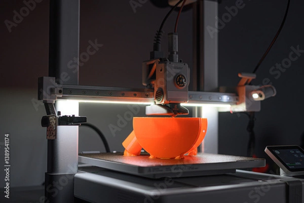 Obraz 3D Printer Creating Detailed Orange Model On Platform