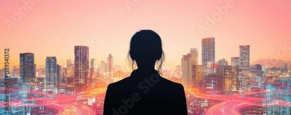 Fototapeta Silhouette of women progress in atmospheric industrial city concept. A silhouette of a businesswoman overlooking a city skyline.
