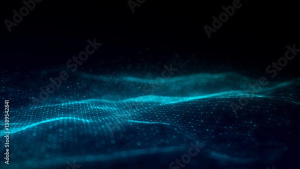 Fototapeta Color abstract wave background with dots and lines moving in space. Technology illustration. Futuristic modern dynamic wave. 3d rendering.