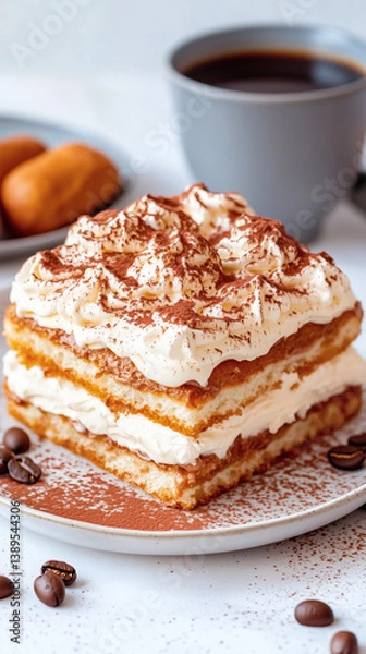 Fototapeta A scrumptious layered dessert features rich whipped cream and a coffee flavor, set against a backdrop of warm treats and a steaming cup, perfect for a delightful afternoon