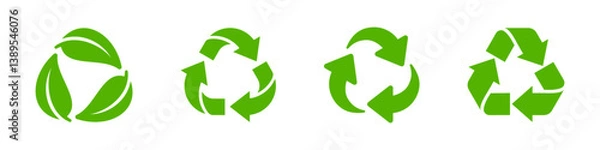 Obraz Green Recycling Symbols with Arrows and Leaves Vector Set