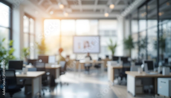 Fototapeta Blurred Modern Office Workspace with Sunlight