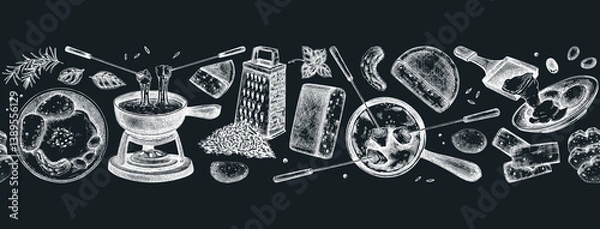 Obraz Swiss cheese borded design. Vintage food seamless background. Fondue and raclette sketches. Hand drawn vector illustration. NOT AI generated