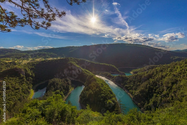 Fototapeta Montenegro nature landscape. Wonderful view of the meanders of Cehotina River (crooked course of the river) which it carved through the rocky areas.