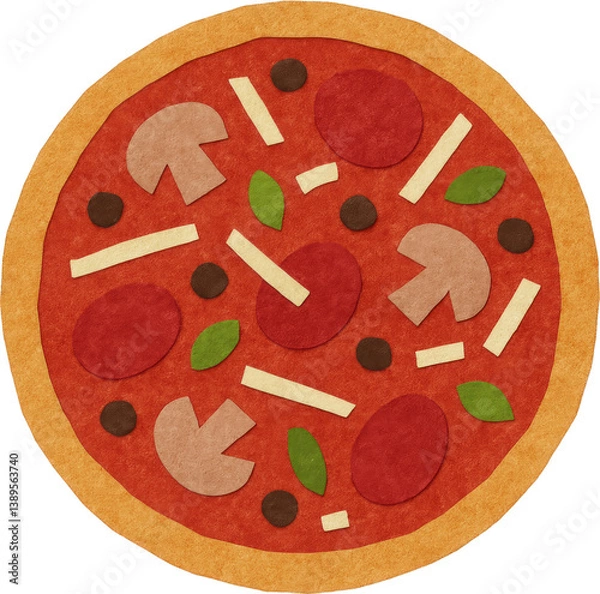 Fototapeta Paper cutout illustration of a pizza with mushrooms, pepperoni, cheese strips, olives, and basil on a white background