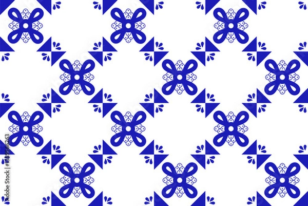 Obraz Mexican seamless pattern with traditional blue talavera ceramic tile. Vector illustration. Mosaic design art.