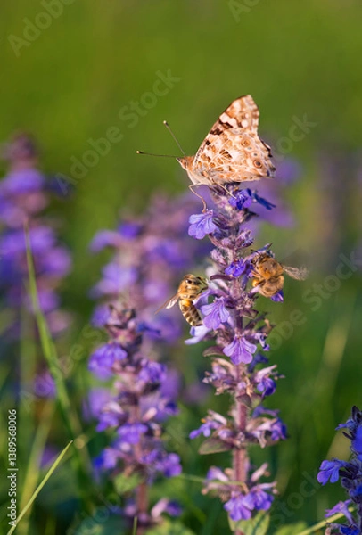 Fototapeta Butterfly, honeybee and bumblebee pollinators on Ajuga reptans flower in sunny spring day background