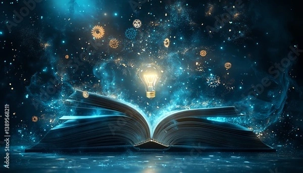 Fototapeta Magical open book, glowing lightbulb, cosmic energy.