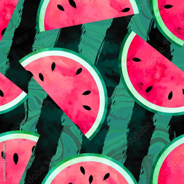 Fototapeta Fruity seamless vector pattern with watercolor paint textured watermelon pieces. Striped and marble background.