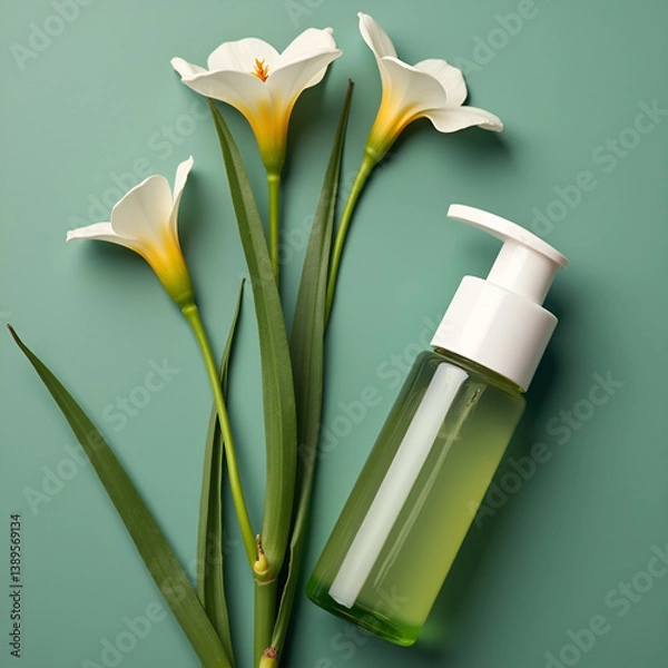 Obraz Aesthetic flat lay featuring white calla lilies and a green skincare bottle on a muted teal background.