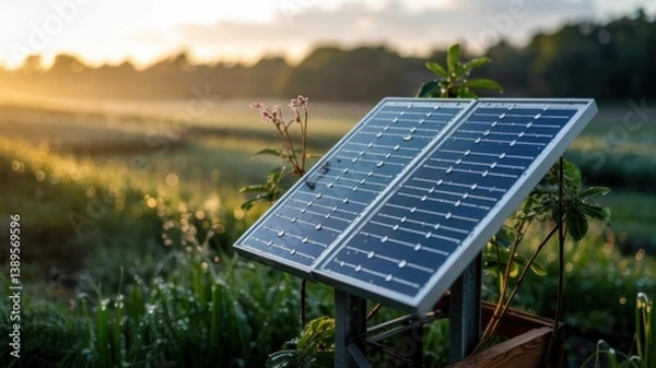 Fototapeta Close-up of a single solar panel covered in morning dew, surrounded by nature, soft sunrise light hitting the surface.