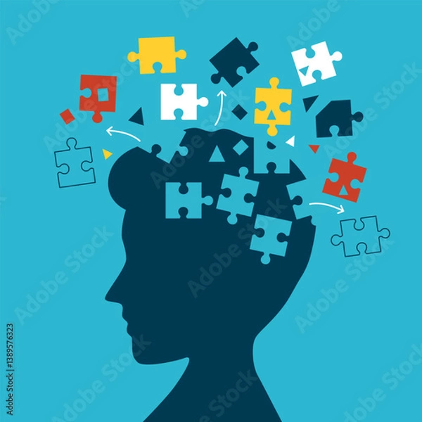 Obraz Silhouette human head from jigsaw split from the head. Illustration about Dementia Awareness week