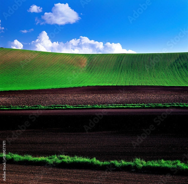 Fototapeta 早春の丘と浮かぶ雲（上富良野町）