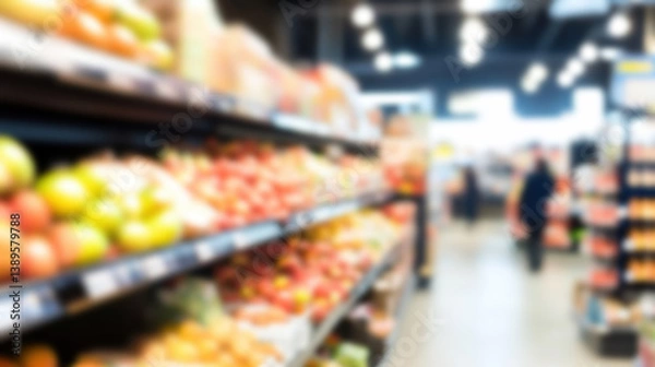Fototapeta Blurred view of shelves displaying fresh fruits and vegetables inside a grocery store setup