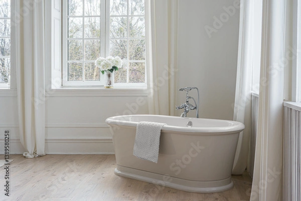 Fototapeta Modern elegant minimalist bathroom interior with curtains and window and freestanding bathtub. Home interior, house design with relax atmosphere