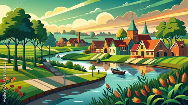 Fototapeta Idyllic view of the river Rotte near the village of Moerkapelle in the Green Heart of Holland.