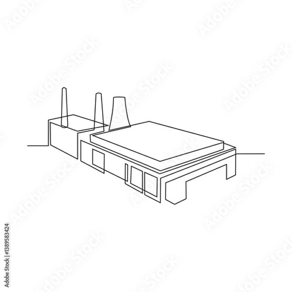 Fototapeta One continuous line drawing of chimney, gas turbine generator and heat recovery steam generator in the power plant industry in simple linear vector illustration. Power plant design concept vector.