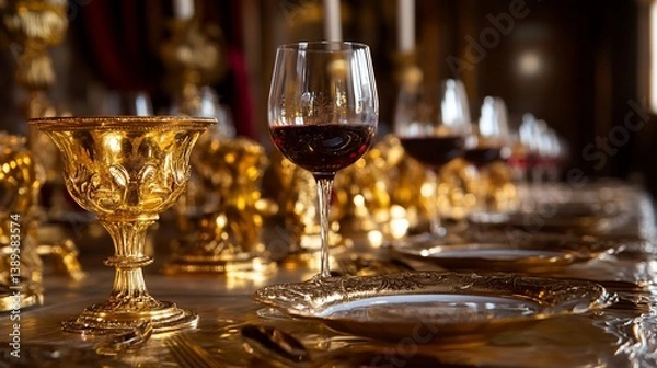 Fototapeta Lavish dinner setting with gold tableware and wine in a historical ambiance