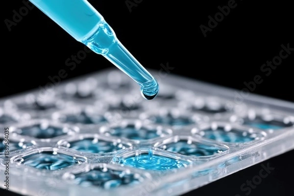 Fototapeta Precision drop from pipette about to touch clear microplate well