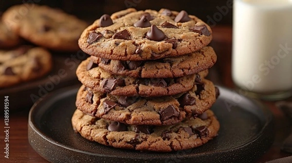 Fototapeta Stacked Chocolate Chip Cookies on Dark Plate
