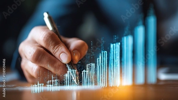 Fototapeta Businessman Writing on Virtual Screen with Data Visualization Elements