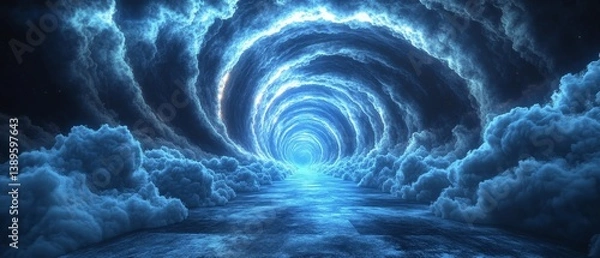 Fototapeta A blue sky with a spiral of clouds and a blue river