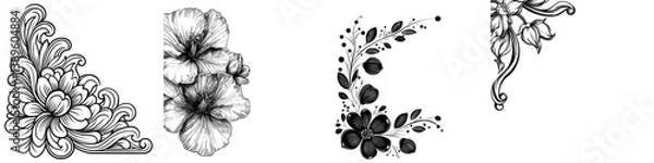 Fototapeta A vintage-style design element featuring a floral pattern corner border frame with a filigree heraldic crest motif